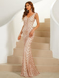 Deep V-Neckline Fringe Sleeves Rose Gold Sequin Gown