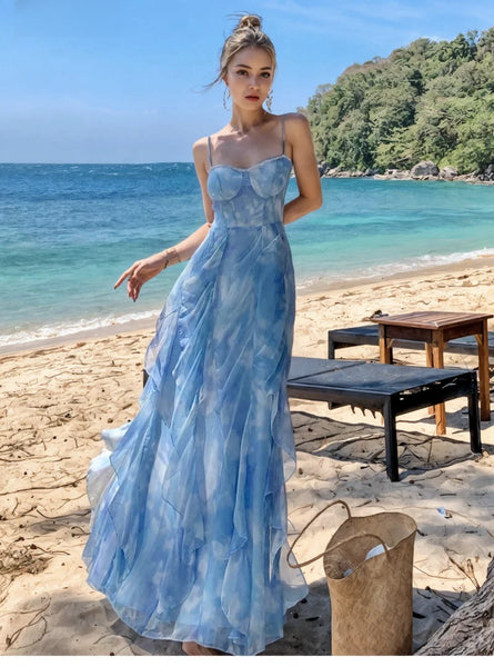 Delicate Ruffles Sky-Blue Maxi Dress