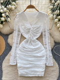 Deep V-Neckline Knotted White Lace Dress