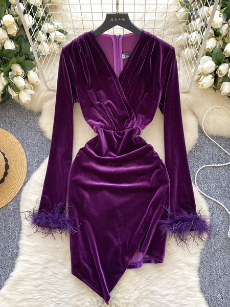 Feathered Cuffs Wrapped Waist Purple Velvet Dress