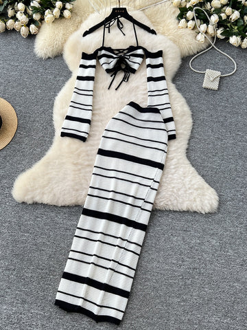 Long Sleeves Maxi Skirt Halter Striped Knit Set