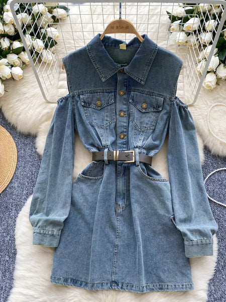 Belted Waist Button Off-Shoulder Denim Dress