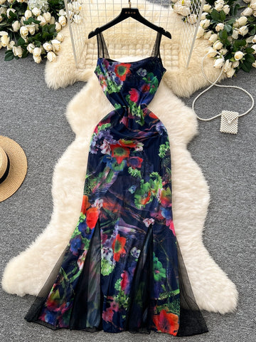 Adjustable Straps Vibrant Floral Maxi Dress