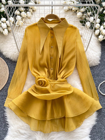 Statement Collar Ruffled Hem Yellow Blouse