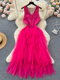 Tulle Skirt Layers Hot Pink Lace  Bodice Maxi Dress