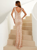 Deep V-Neckline Fringe Sleeves Rose Gold Sequin Gown