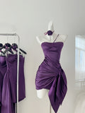 Pleated Skirt Flower One-Shoulder Purple Dress