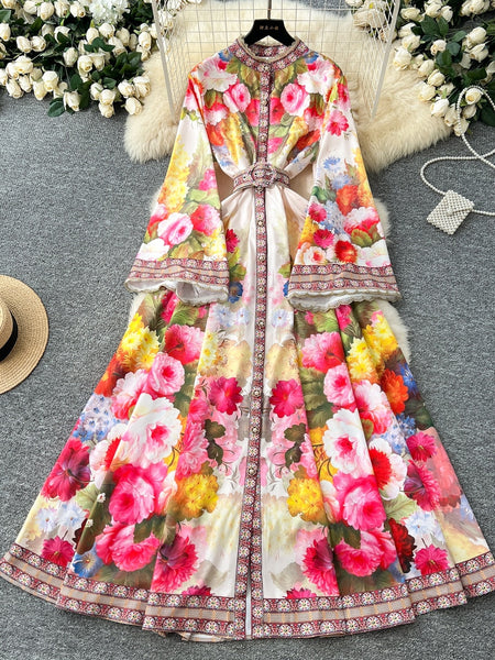 Stand Collar Belt Floral Printed Maxi Dress