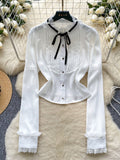 Elegant Lace Cuffs Button White Blouse