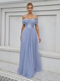 Blue Off The Shoulder Appliques Prom Dress