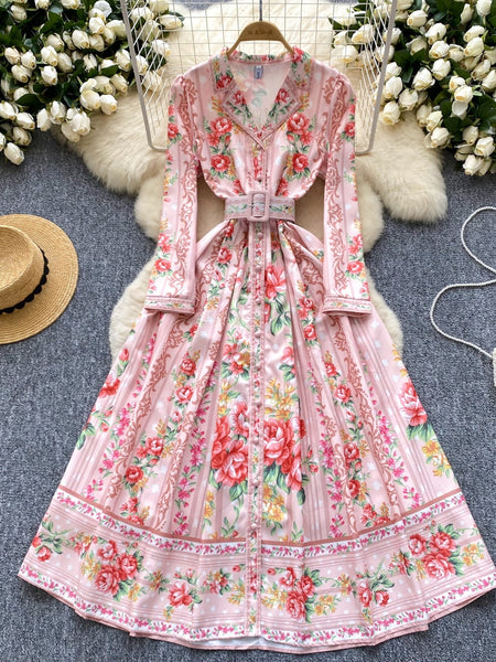 Belted Waist Floral Long Dress