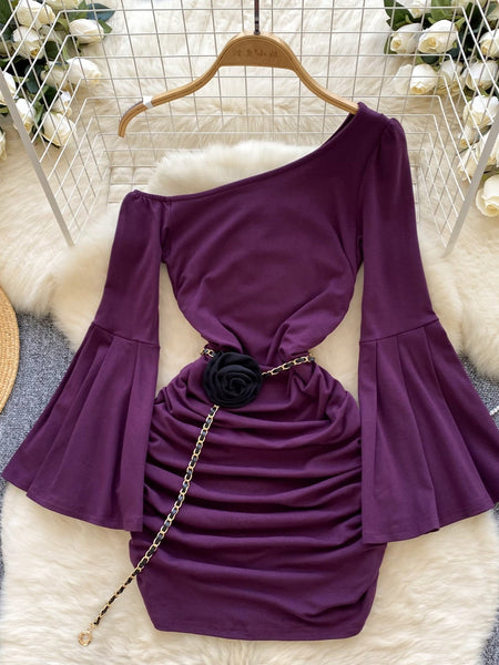 Bold Chain Accent Belt Flared Sleeves Purple Dress