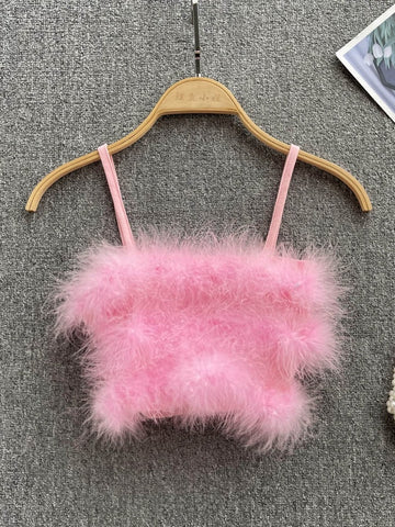 Pink Fluffy Feather Strap Top