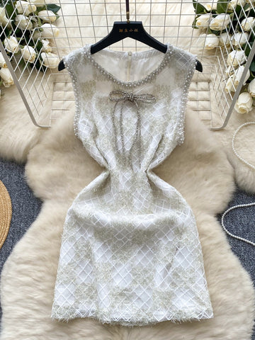 Pearl-Embellished Bow Mini Dress