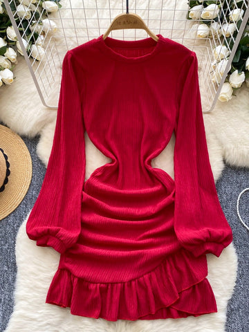 Elegant Ruffled Red Long-Sleeve Mini Dress