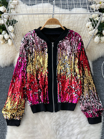 Stunning Ombre Design Sequin Bomber Jacket