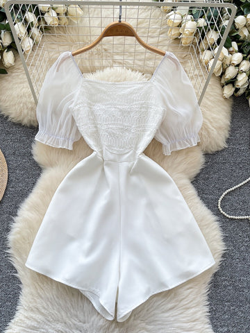 Puffy Sleeve White Short Mini Jumpsuit