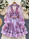 Ornate Belt Lavender Floral Printed Shirt Dress