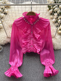 Sparkling Embellished Neckline Stylish Pink Ruffled Front Blouse