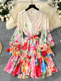 V-Neck Ruffled Sleeves Floral Printed Chiffon Dress