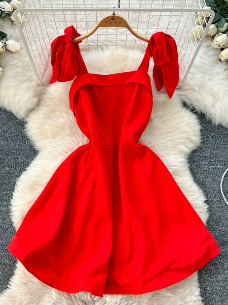 Charming Bow Tied Straps Red Sleeveless Dress