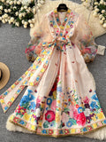 Satin Belt Floral Embroidered Kimono Maxi Dress