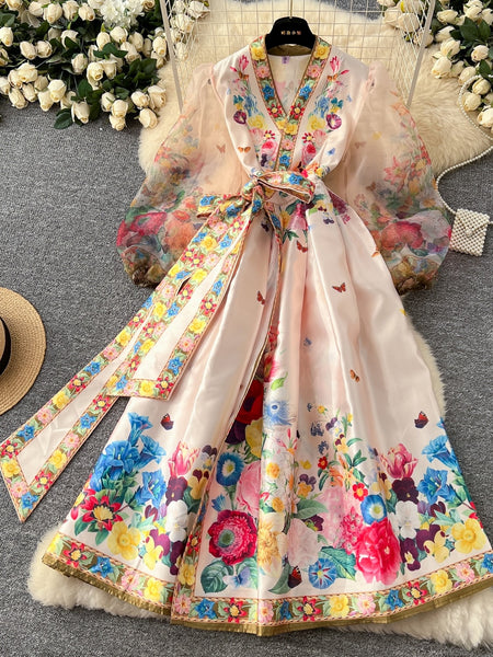 Satin Belt Floral Embroidered Kimono Maxi Dress