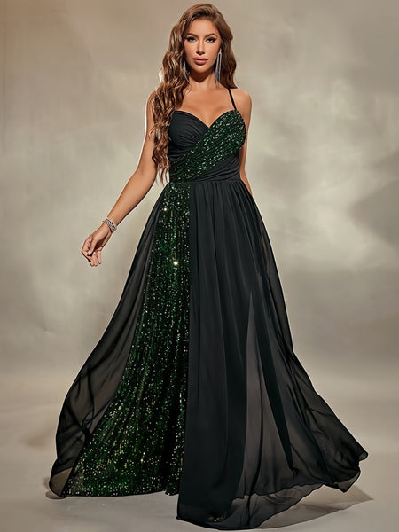 Green Sequin V Neck A Line Pleats Prom Dress