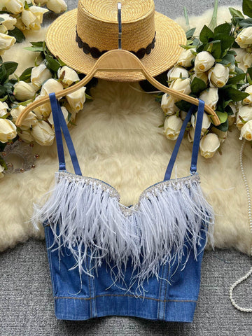 Luxurious Feather Trim Embellished Denim Bustier Top