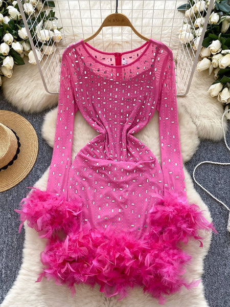 Rhinestones Feathers Vibrant Pink Party Dress