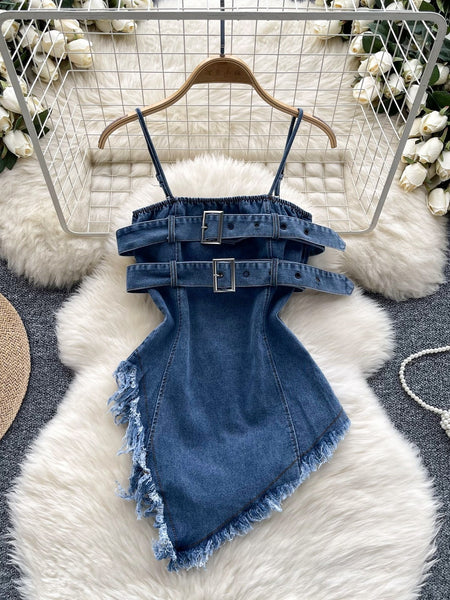 Double Buckle Asymmetrical Denim Top