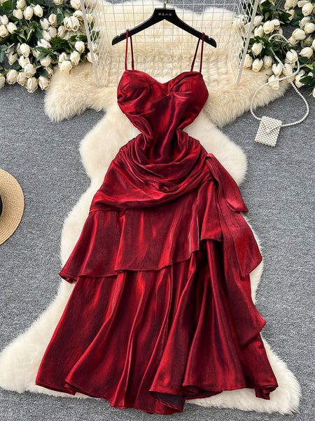 Ruffled Asymmetrical Red Satin Strappy Dress