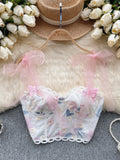 Delicate Pink Ribbon Straps Floral Bustier Top