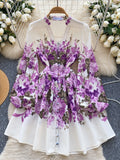 Long Sleeve Vibrant Purple Flowers White Dress