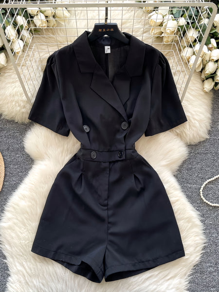 Black Suit Collar Short-sleeved Jumpsuit