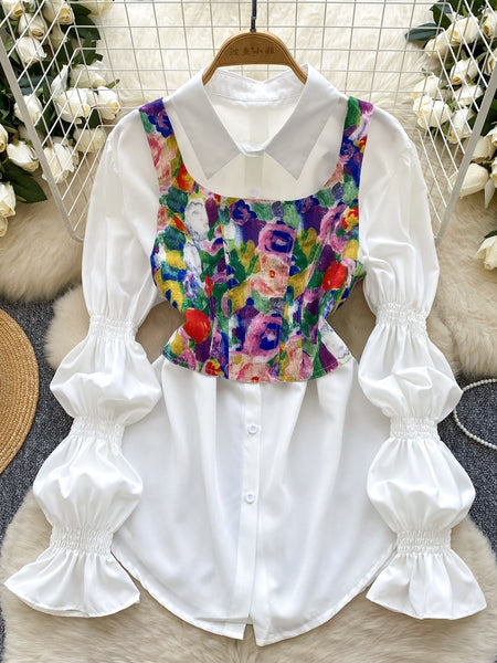 Elegant White Shirt Floral Vest Dress