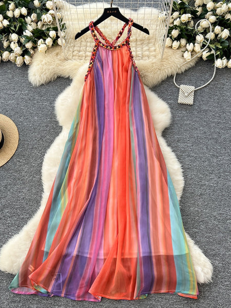 Striped Colorful Halter Neck Maxi Dress