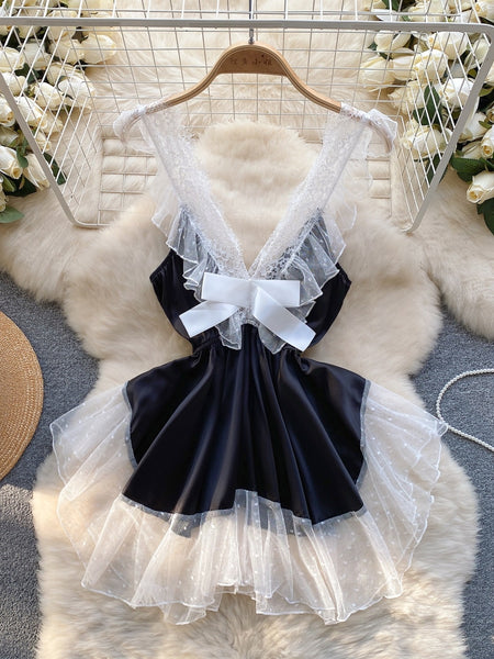 Delicate White Lace Ruffles Black Satin Mini Dress