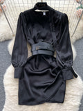 Elegant Belted Black Satin Wrap Dress