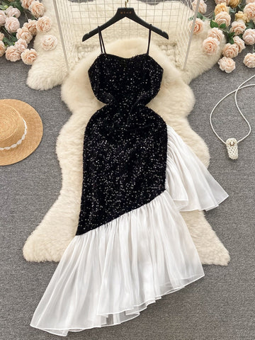 Contrasting White Ruffled Hem Black Sequin Gown