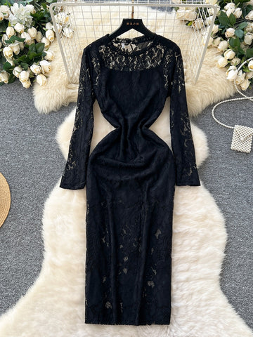 Elegance Black Long Sleeve Lace Dress