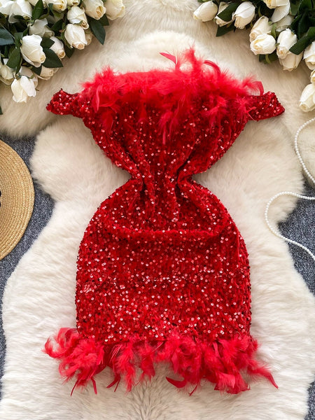 Feather Trim Red Sequin Off The Shoulder Mini Dress