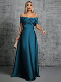 Blue Satin A Line Ruched Off The Shoulder Prom Dress