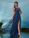 One Shoulder Navy Tulle A Line Prom Dress With Slit