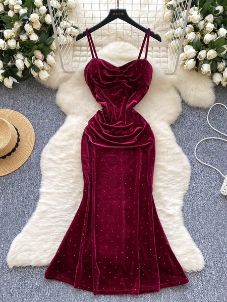 Rhinestone Spaghetti Straps Burgundy Velvet Dress