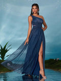 One Shoulder Navy Tulle A Line Prom Dress With Slit