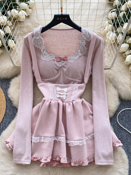 Lace Trims Ruffle Layers Soft Pink Dress