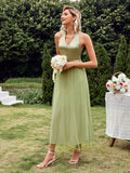 Halter Green Tulle Sequin Backless Prom Dress