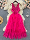 Tulle Skirt Layers Hot Pink Lace  Bodice Maxi Dress