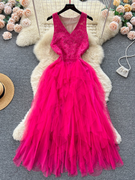 Tulle Skirt Layers Hot Pink Lace  Bodice Maxi Dress